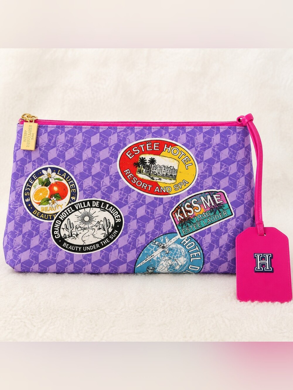 Estée Lauder Retro Travel Hotel Purple Cosmetic Bag + Luggage Tag